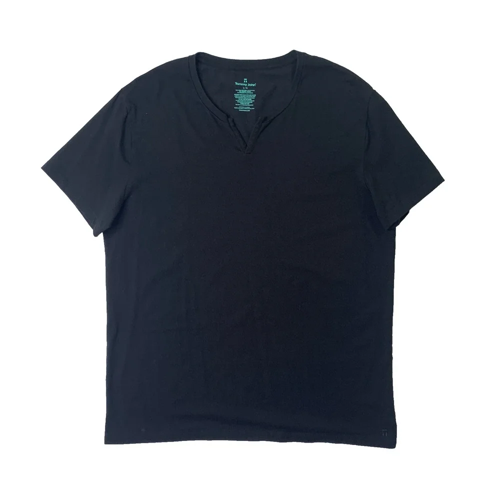 Tommy John Shirt Mens Large Black Pima Cotton Blend Stretch Split V Neck Stretch